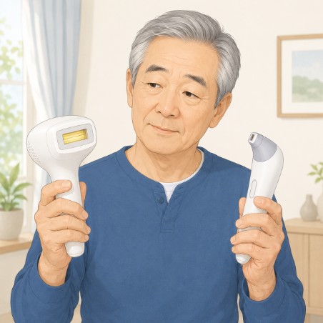 ヒゲ脱毛機器を選んでいるシニア男性